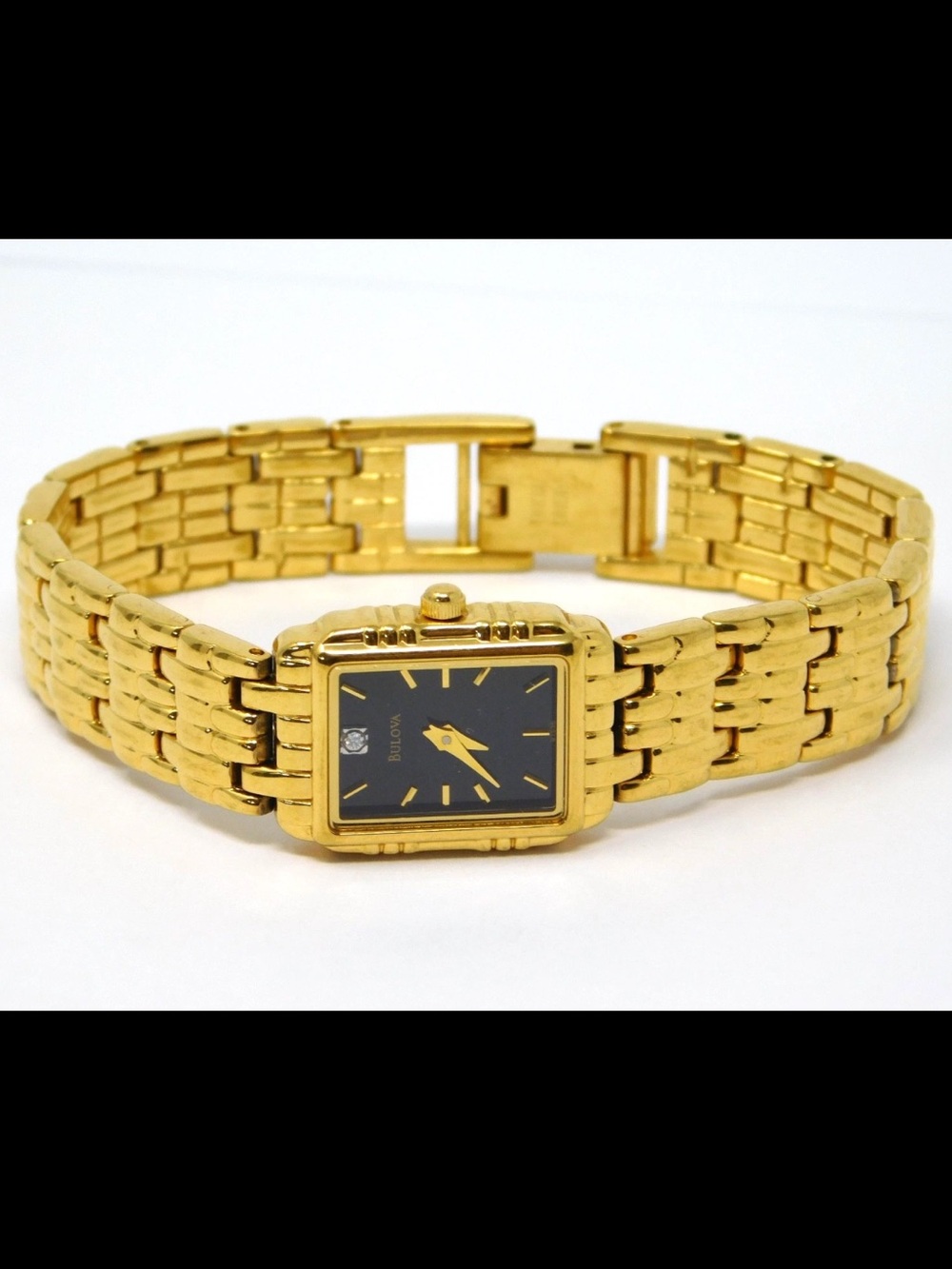 Bulova Womens Watch 97S36 Gold Tone Bracelet Black Dial Diamond Accent Ladies 6"